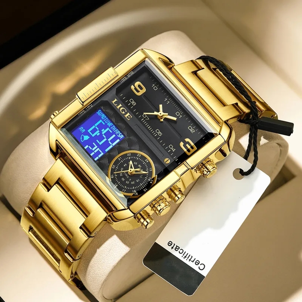 LIGE Men's Stainless Steel Strip Electronic Watch Multi functional Waterproof